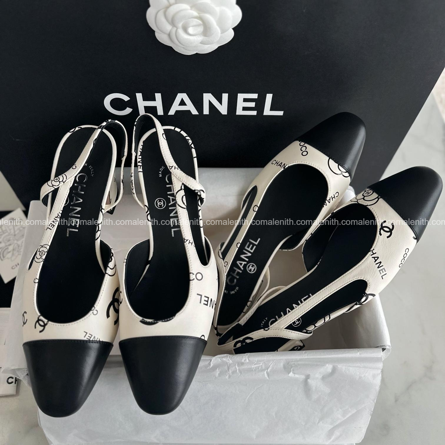 Chanel Black and White Logo Print High Heel Slingback