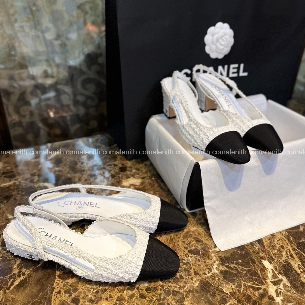 Chanel 23 White Tweed Flat Slingback Sandals