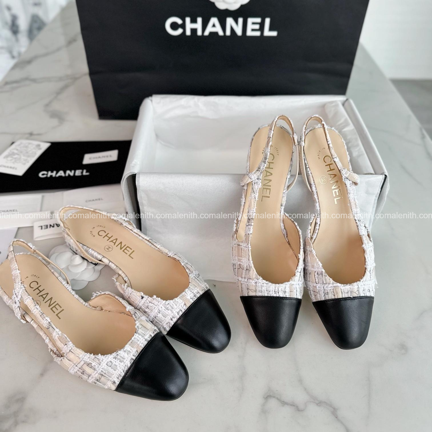 Chanel 22P Lace Letter Beige Flat Slingback
