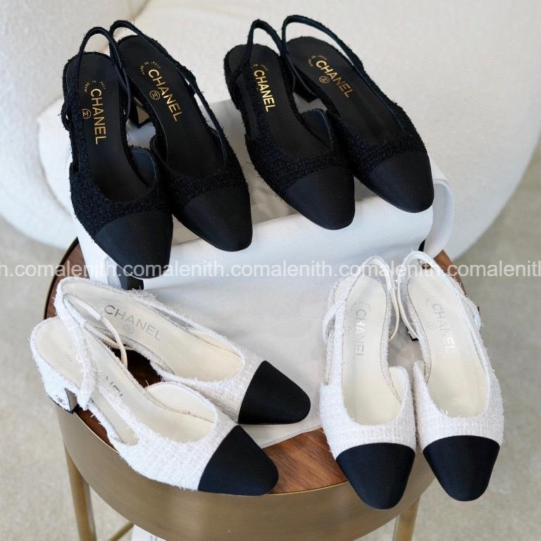 Chanel 25A White Tweed High Heel Slingback