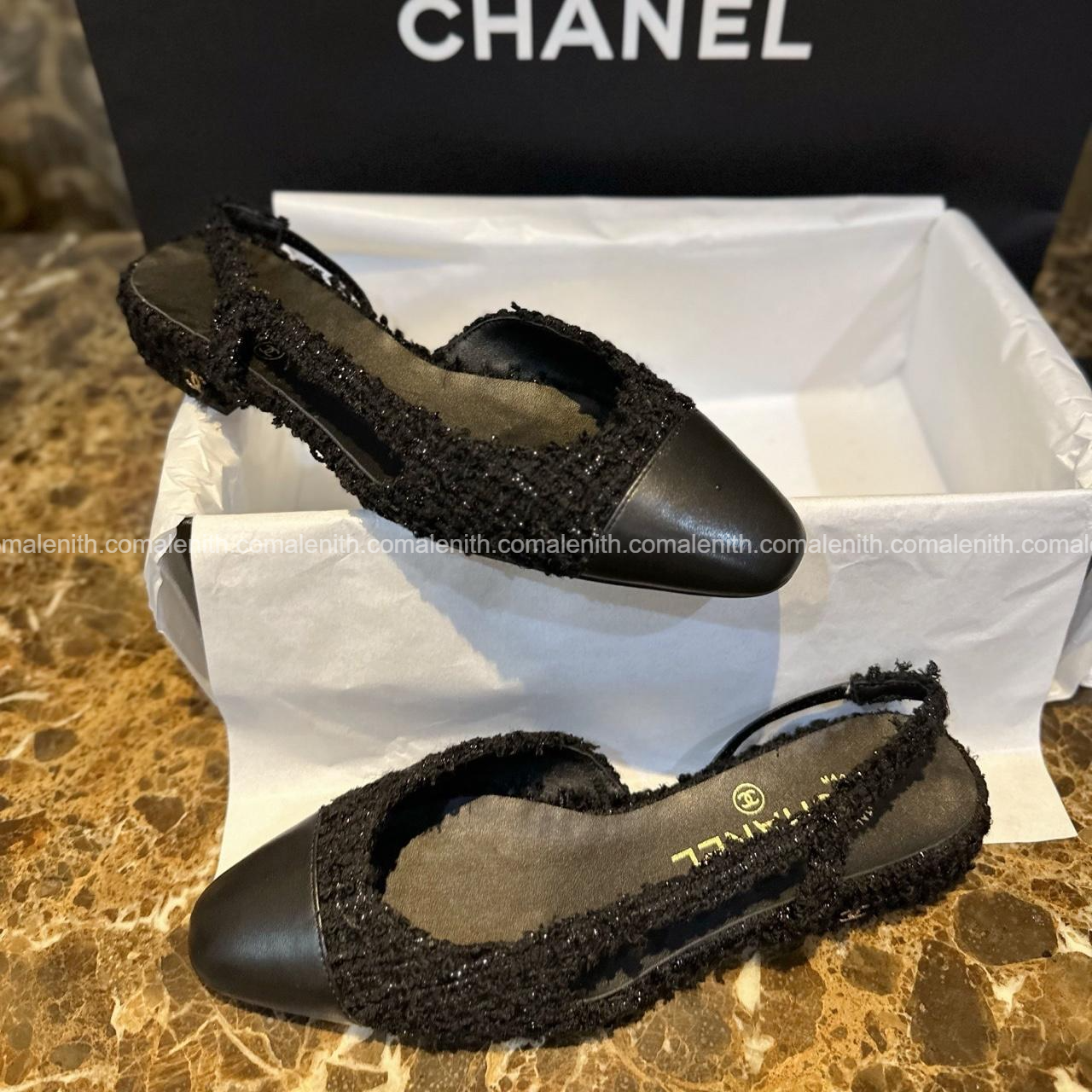 Chanel Black Glitter Tweed Flat Slingback