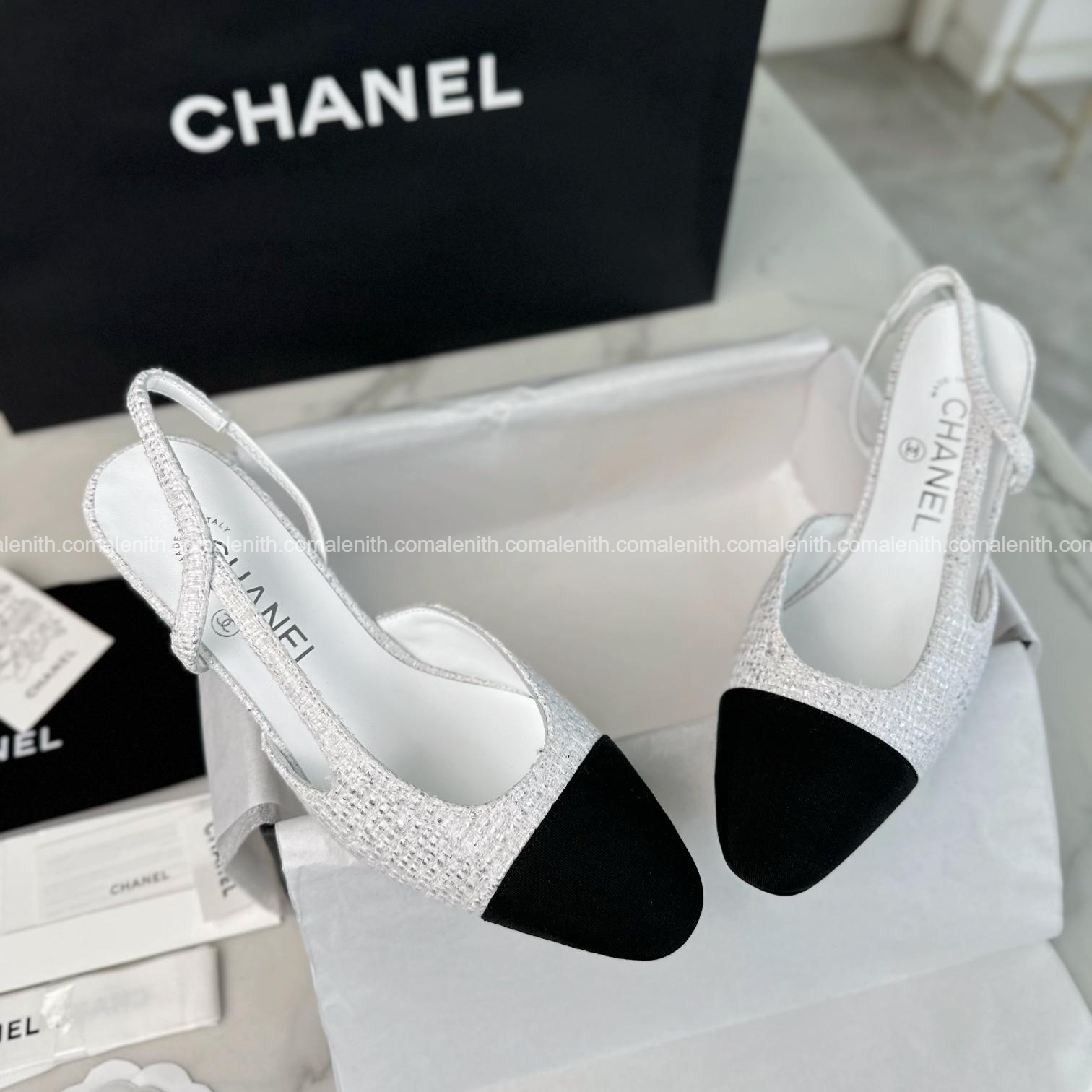 Chanel Silver Coated White Tweed High Heel Slingback