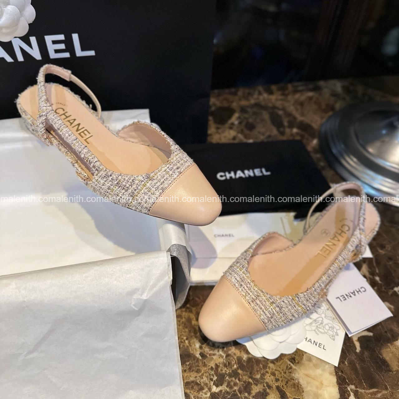 Chanel Beige Lambskin Elastic Tweed Slingback Flats