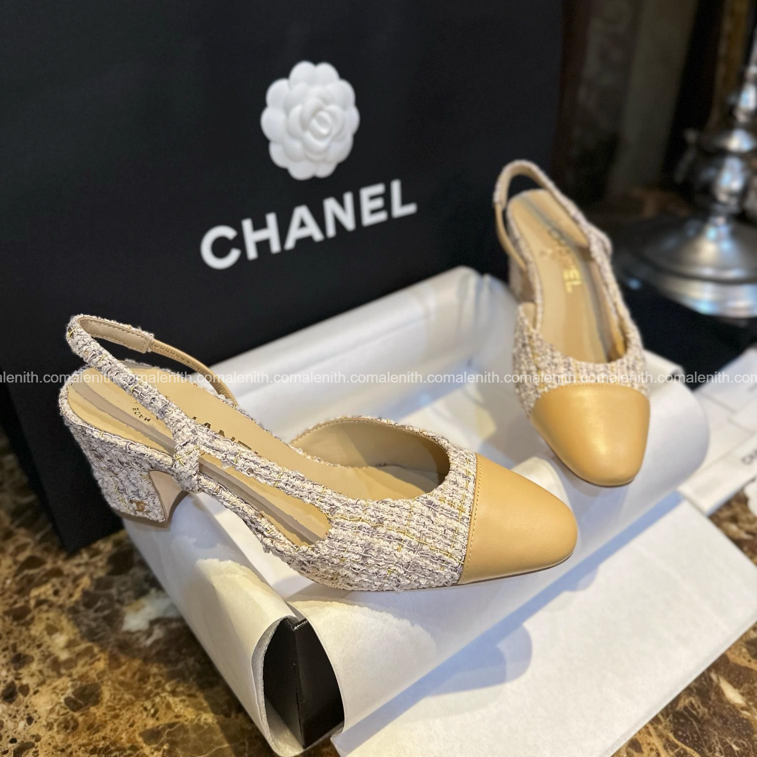 Chanel Apricot Lambskin Tweed Elastic Slingback Heels