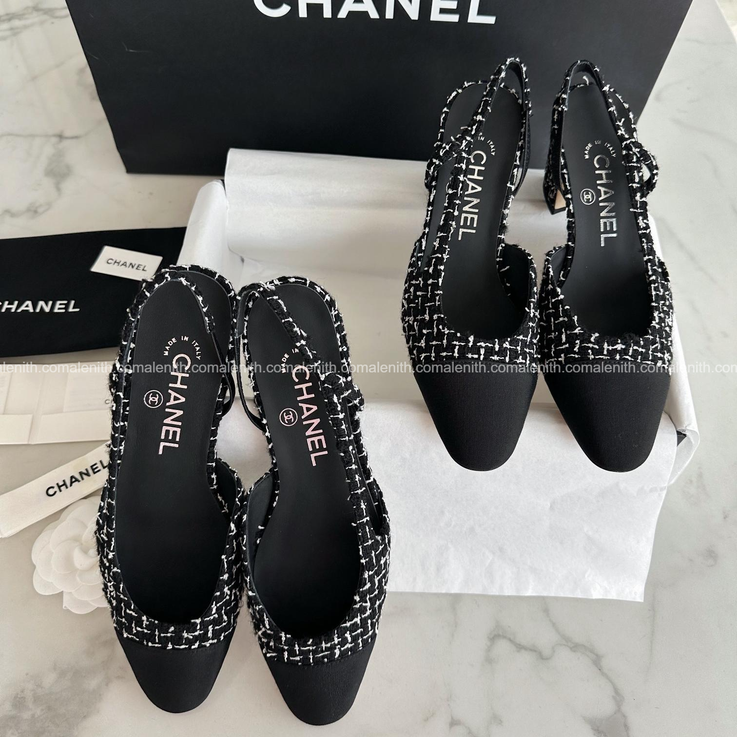 Chanel Black and White Tweed High Heel Slingback
