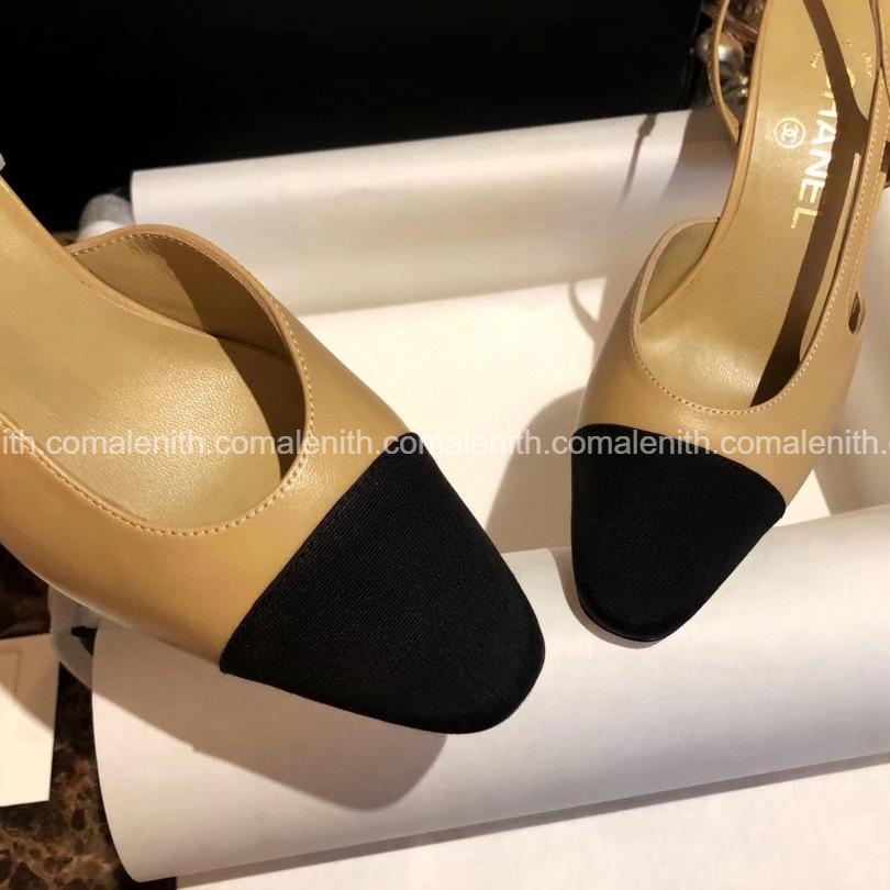 Chanel Apricot and Black Fabric Toe Flat Slingback