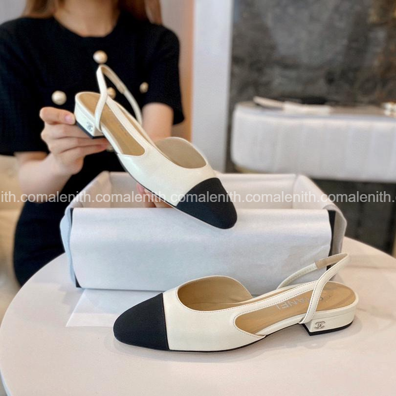 White Lambskin with Black Toe Slingback Flats