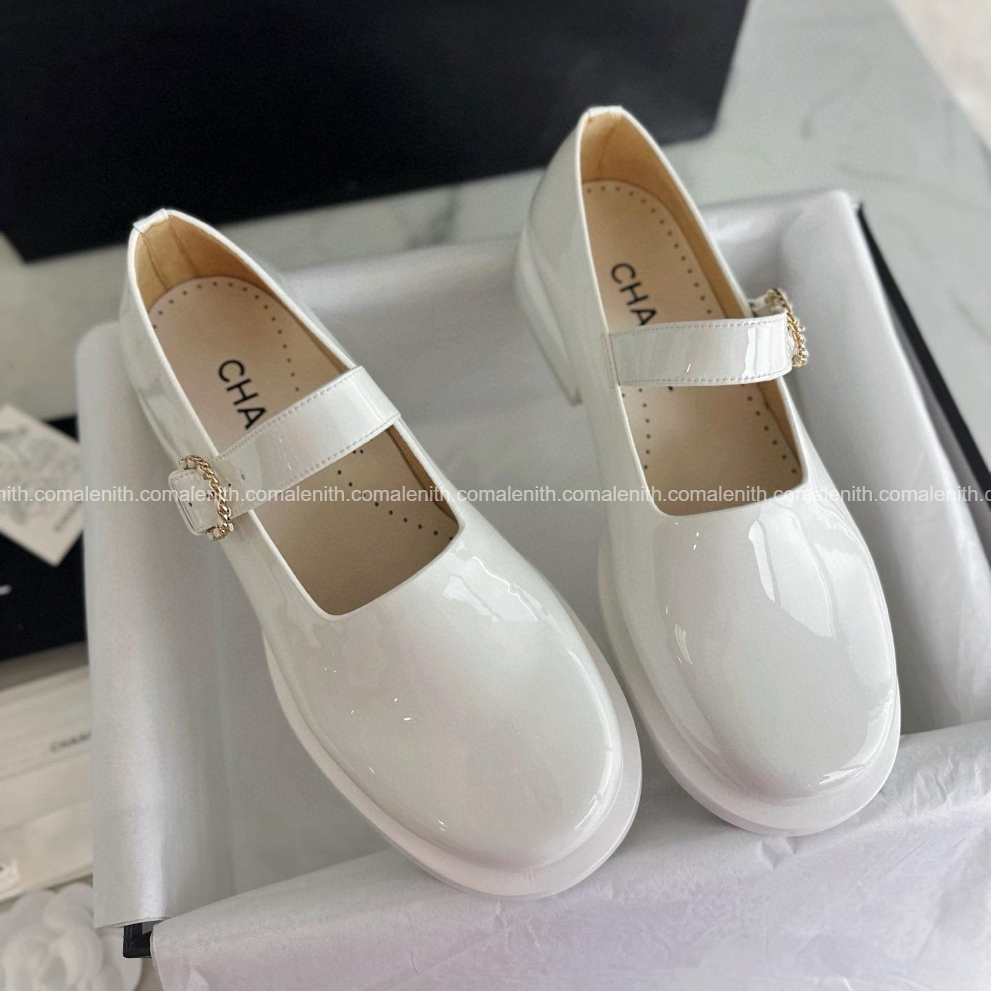 Chanel 25 White Patent Leather Mary Janes